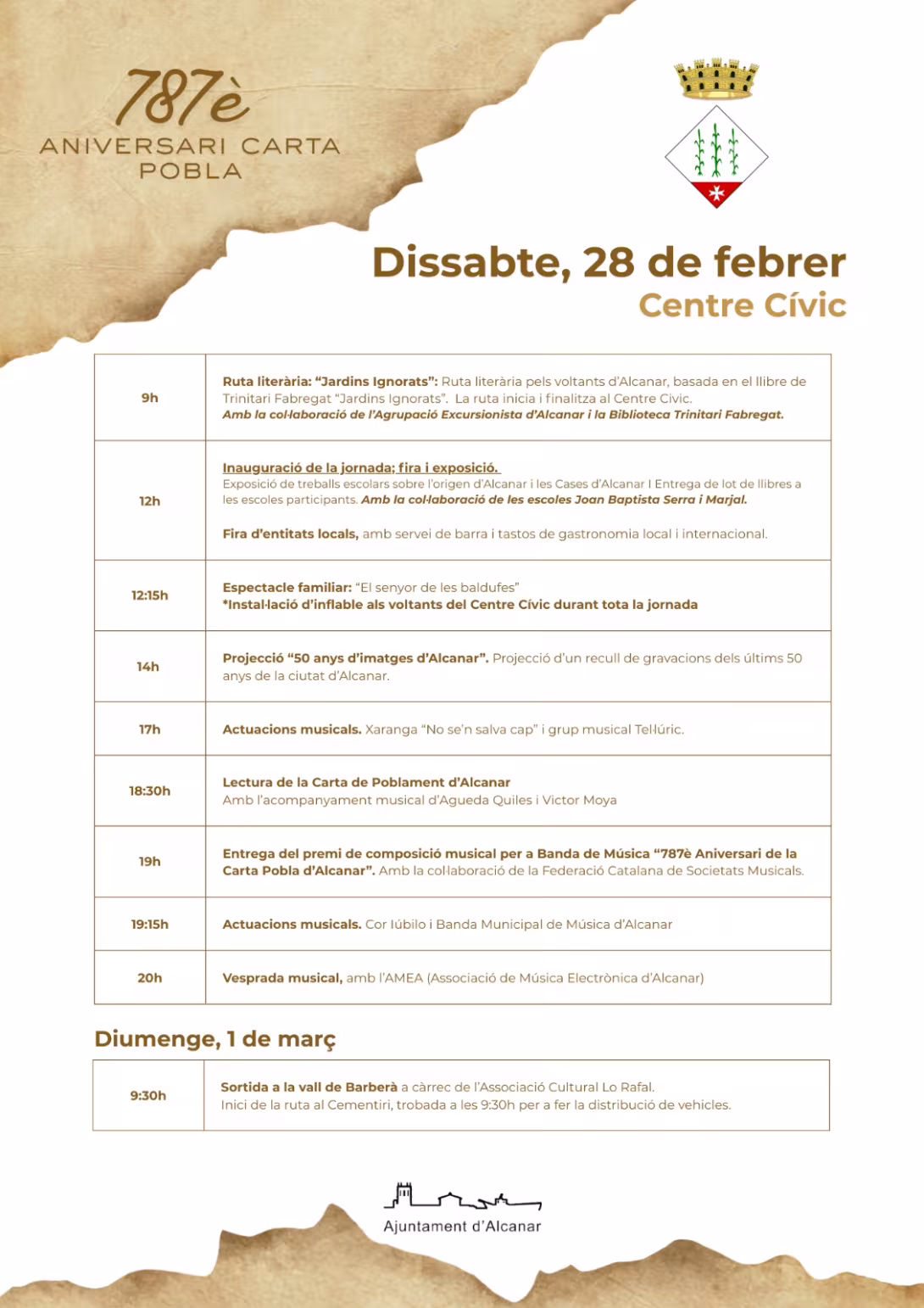Alcanar celebra el 787è aniversari de la Carta Pobla amb una fira d'entitats i multitud d'activitats el pròxim dissabte